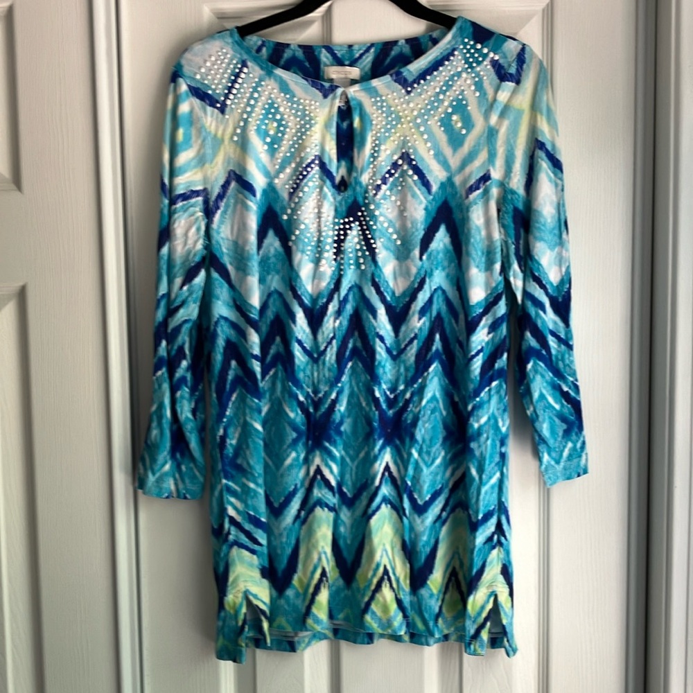 Women’s Chico’s top blouse tunic long sleeves key hole studs navy aqua yellow S